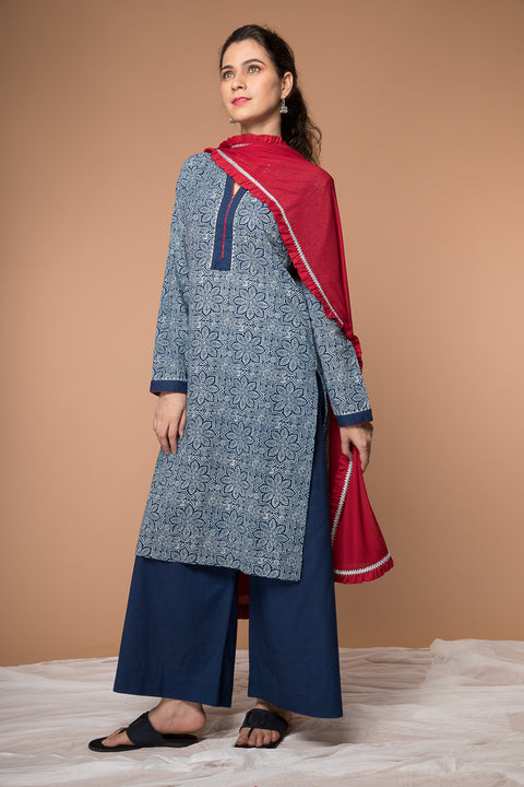 Luxury Straight Fit Indigo Hand-Block Printed Kurta & Navy Palazzo Set – Set of 3


