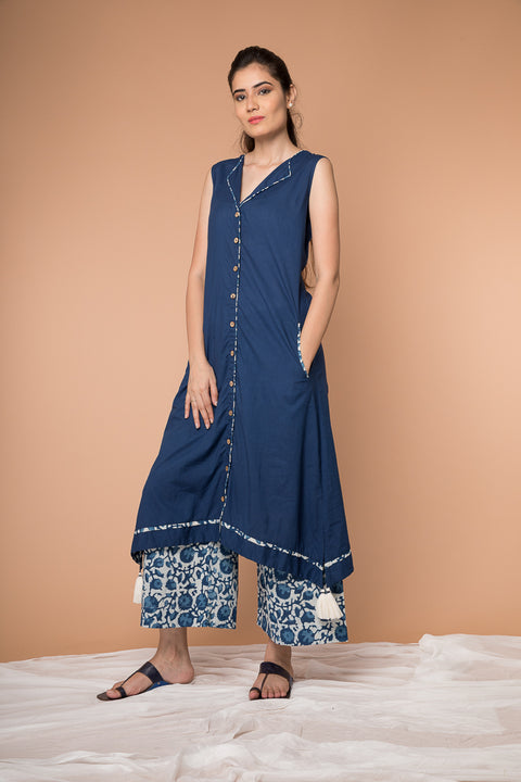 Shop Navy Blue Asymmetric Hem Cotton Kurta & Indigo Hand Block Printed Palazzo - Set of 2 | Vinusto