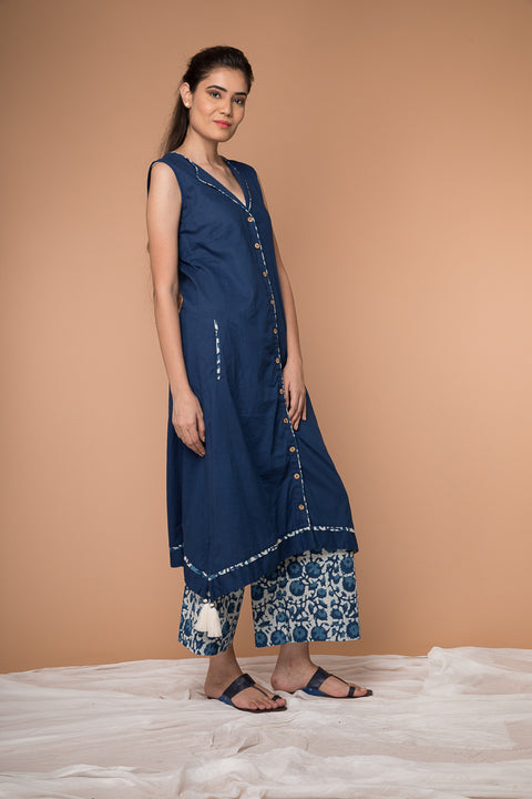Buy Navy Blue Asymmetric Hem Cotton Kurta & Indigo Hand Block Printed Palazzo - Set of 2 | Vinusto