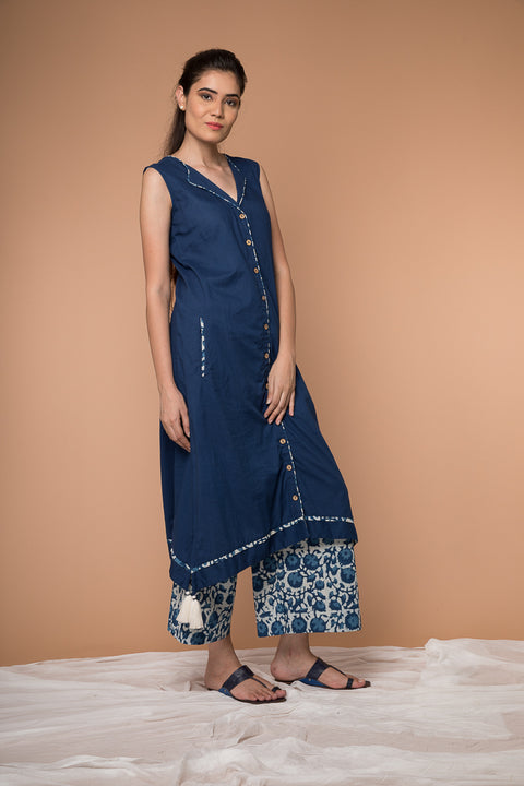Order Navy Blue Asymmetric Hem Cotton Kurta & Indigo Hand Block Printed Palazzo - Set of 2 | Vinusto