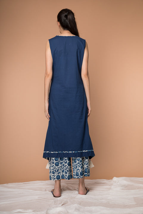 Luxury Navy Blue Asymmetric Hem Cotton Kurta & Indigo Hand Block Printed Palazzo - Set of 2 | Vinusto