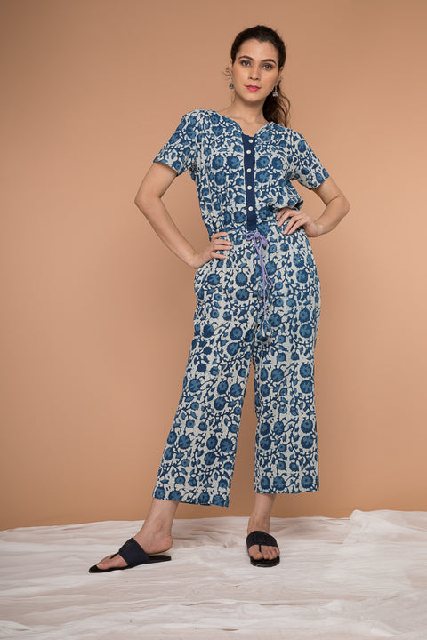 Shop Jumpsuit in Indigo Hand Block Printed Cotton | Vinusto