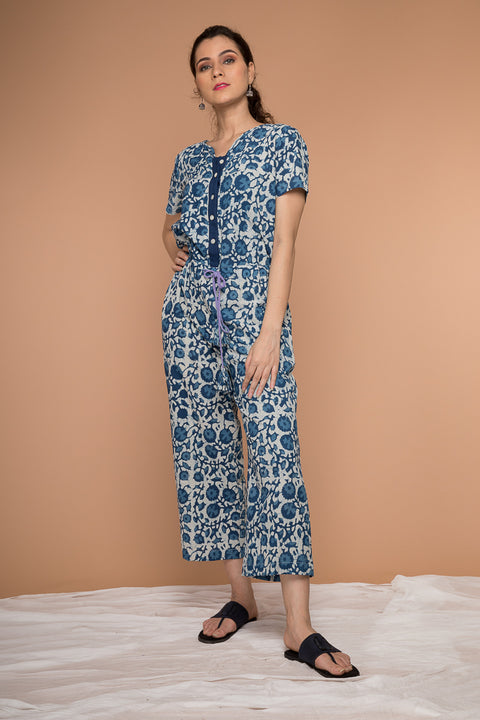 Buy Jumpsuit in Indigo Hand Block Printed Cotton | Vinusto