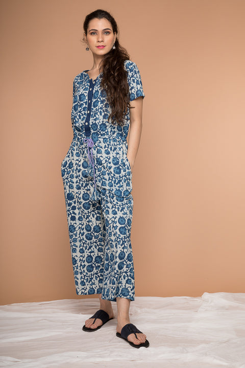 Luxury Jumpsuit in Indigo Hand Block Printed Cotton | Vinusto