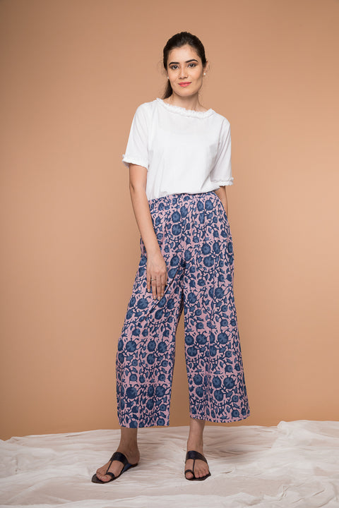 Shop Cotton Palazzo in Pink & Indigo Hand Block Print | Vinusto