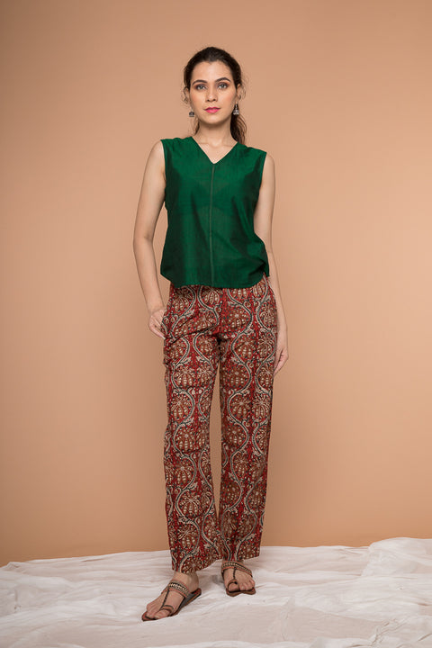 Buy Dark Forest Green Sambalpur Cotton Top with Hand Block Printed Maroon Pants (Set of 2) | Vinusto