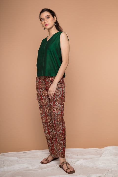 Order Dark Forest Green Sambalpur Cotton Top with Hand Block Printed Maroon Pants (Set of 2) | Vinusto