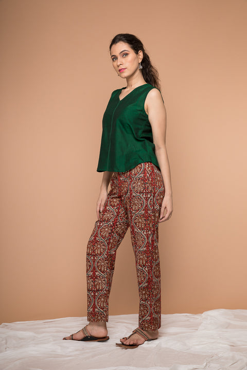 Luxury Dark Forest Green Sambalpur Cotton Top with Hand Block Printed Maroon Pants (Set of 2) | Vinusto
