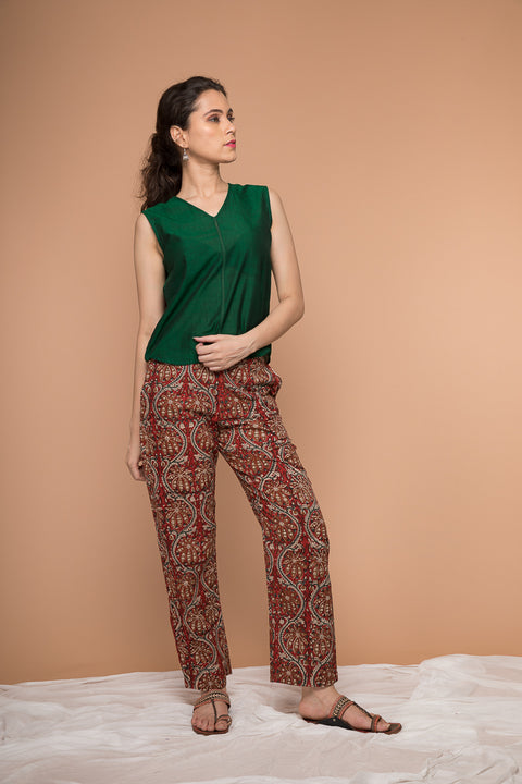 Luxury Cotton Straight Pants in Maroon Hand Block Print | Vinusto