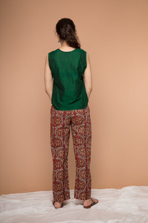 Premium Cotton Straight Pants in Maroon Hand Block Print | Vinusto