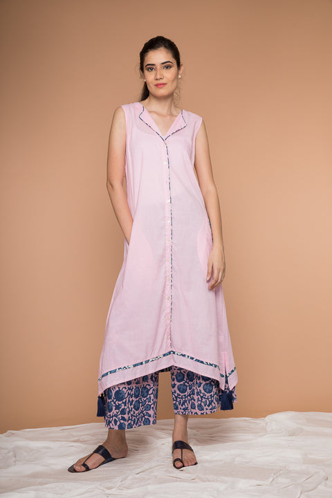 Shop Blush Pink Asymmetric Hem Cotton Kurta & Indigo Pink Poppy Block Print Palazzo - Set of 2 | Vinusto