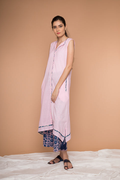 Buy Blush Pink Asymmetric Hem Cotton Kurta & Indigo Pink Poppy Block Print Palazzo - Set of 2 | Vinusto