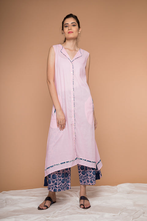 Order Blush Pink Asymmetric Hem Cotton Kurta & Indigo Pink Poppy Block Print Palazzo - Set of 2 | Vinusto