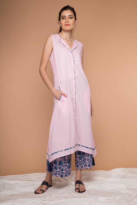 Luxury Blush Pink Asymmetric Hem Cotton Kurta & Indigo Pink Poppy Block Print Palazzo - Set of 2 | Vinusto