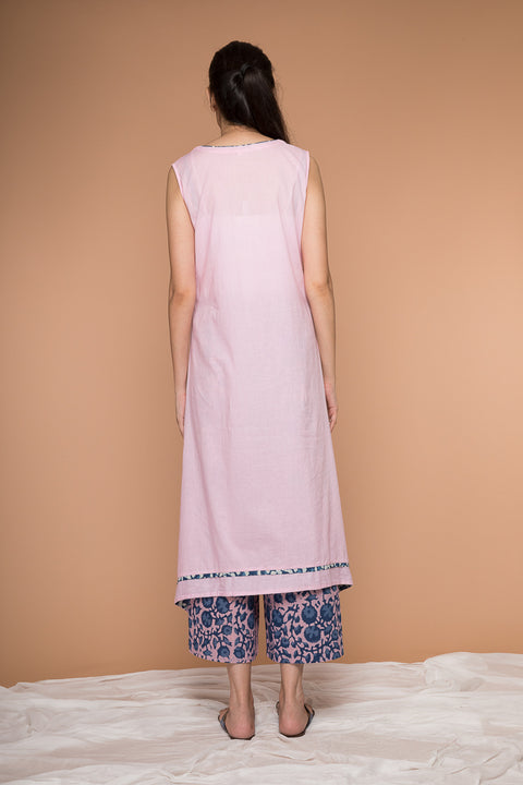 Handcraft Blush Pink Asymmetric Hem Cotton Kurta & Indigo Pink Poppy Block Print Palazzo - Set of 2 | Vinusto