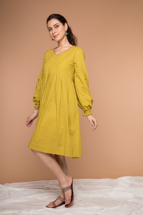 Buy Pleated Dress with Balloon Sleeves in Ochre Yellow Cotton | Vinusto