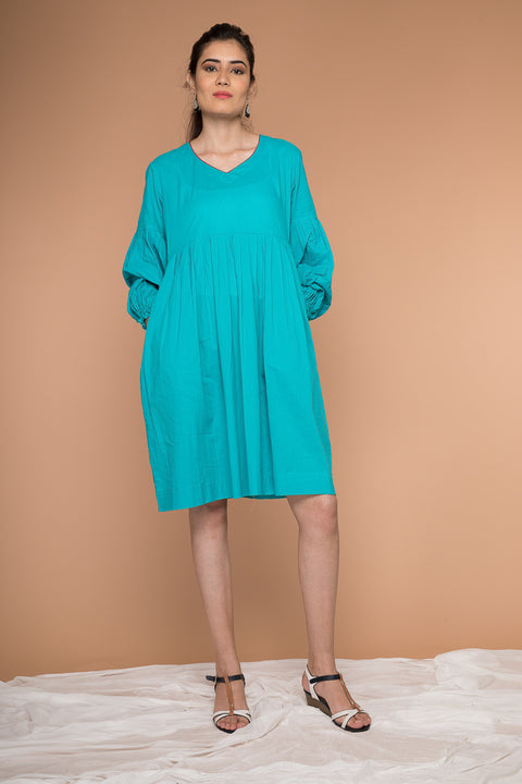Shop Pleated Dress with Balloon Sleeves in Aqua Blue Cotton | Vinusto
