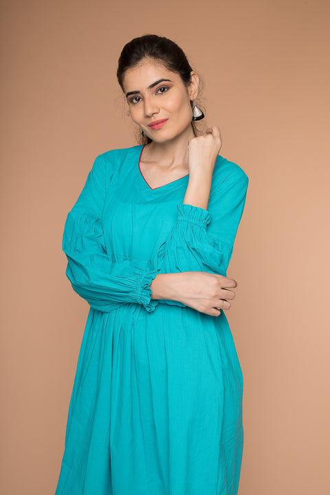 Premium Pleated Dress with Balloon Sleeves in Aqua Blue Cotton | Vinusto