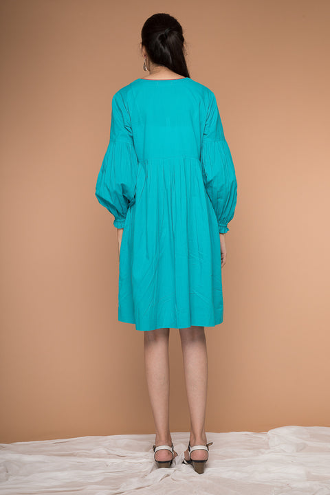Handcraft Pleated Dress with Balloon Sleeves in Aqua Blue Cotton | Vinusto