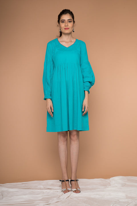 Luxury Pleated Dress with Balloon Sleeves in Aqua Blue Cotton | Vinusto