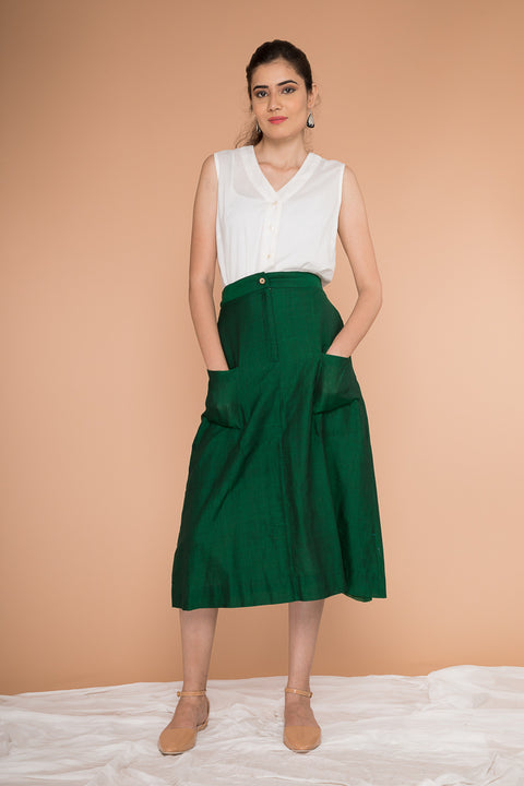 Buy A-Line Skirt in Handwoven Sambalpur Cotton in Dark Forest Green | Vinusto