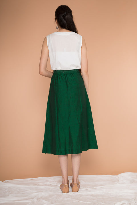 Luxury A-Line Skirt in Handwoven Sambalpur Cotton in Dark Forest Green | Vinusto
