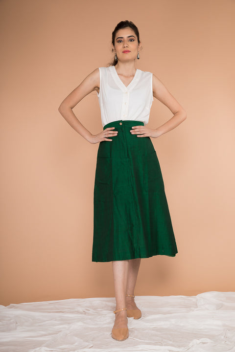 A-line skirt in handwoven Sambalpur cotton in Dark forest green