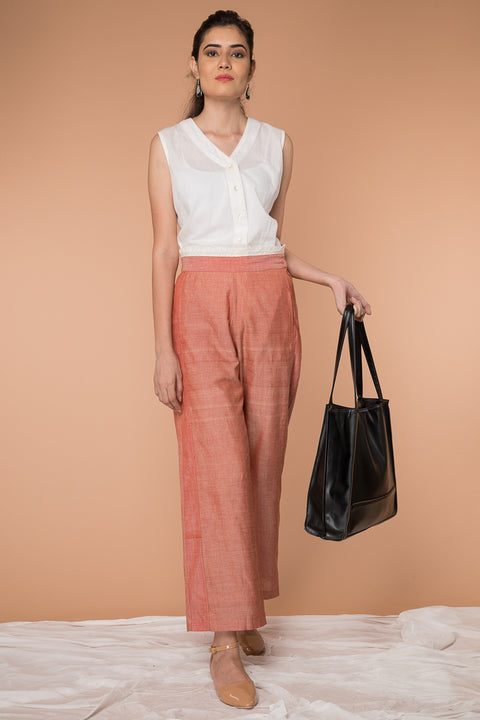 Buy White Cotton Shirt with Coral Loose-Fit Straight Pants in Handwoven Sambalpur Cotton (Set of 2) | Vinusto