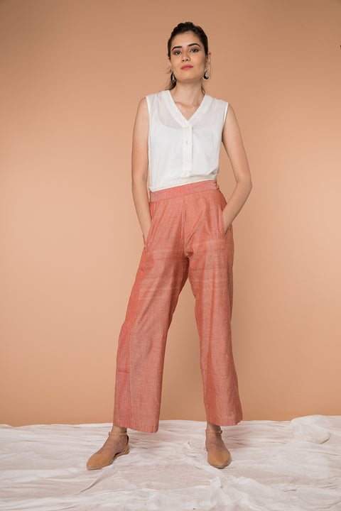 Order White Cotton Shirt with Coral Loose-Fit Straight Pants in Handwoven Sambalpur Cotton (Set of 2) | Vinusto