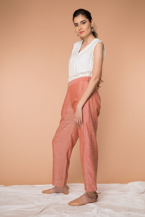 Order Loose-Fit Straight Pants in Coral Handwoven Cotton from Sambalpur | Vinusto