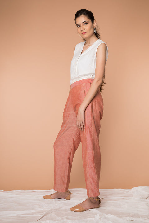 Loose Fit Straight Pants in Coral Hand Loom Cotton from Sambalpur