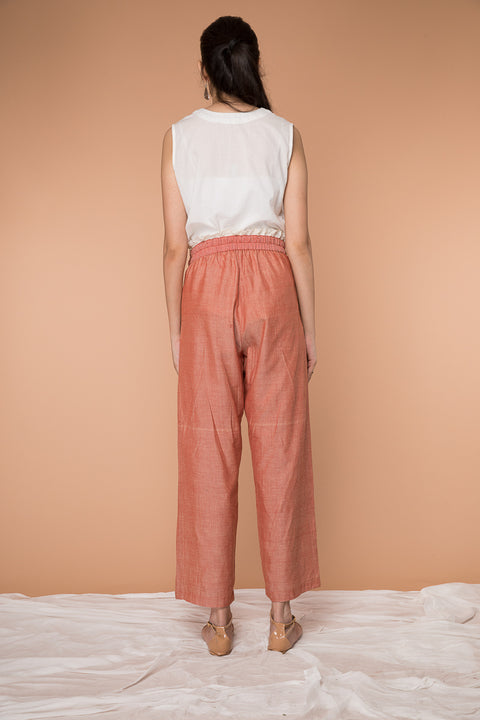 Luxury Loose-Fit Straight Pants in Coral Handwoven Cotton from Sambalpur | Vinusto