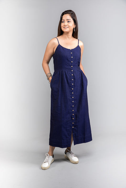 Ankle length strap dress in Midnight Blue handwoven cotton