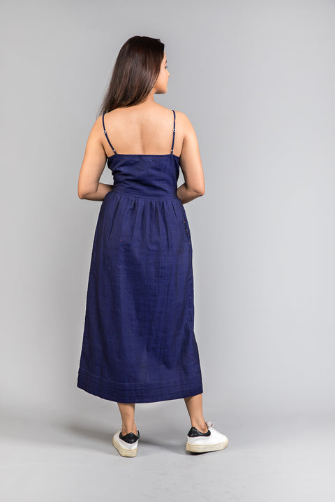 Luxury Ankle-Length Strap Dress in Midnight Blue Handwoven Cotton | Vinusto