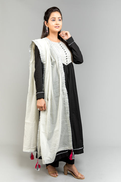 Buy Pure Cotton Anarkali Kurta & Plazzos in Black with Silver Tissue Dupatta – Set of 3

