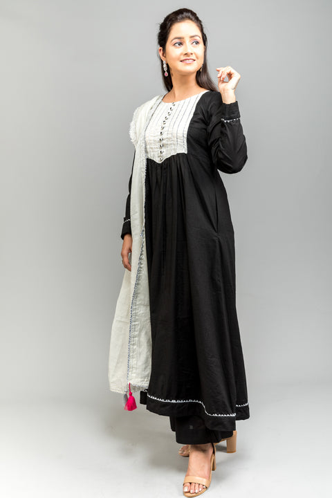 Order Pure Cotton Anarkali Kurta & Plazzos in Black with Silver Tissue Dupatta – Set of 3

