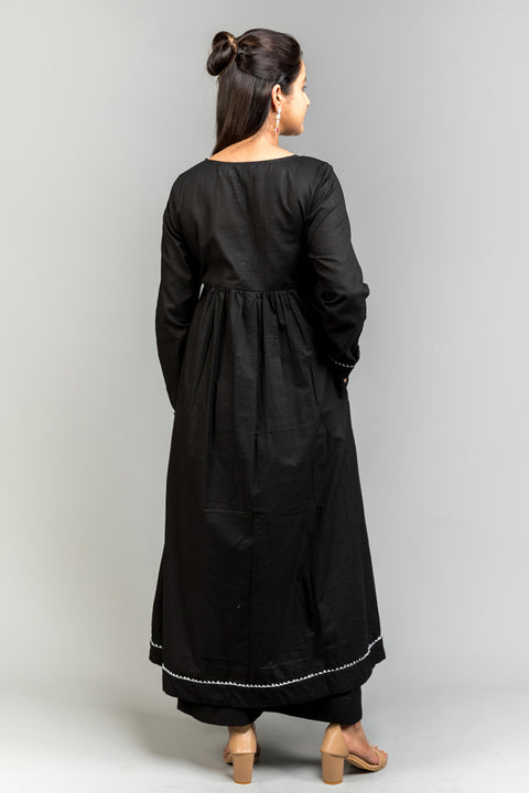 Luxury Pure Cotton Anarkali Kurta & Plazzos in Black with Silver Tissue Dupatta – Set of 3

