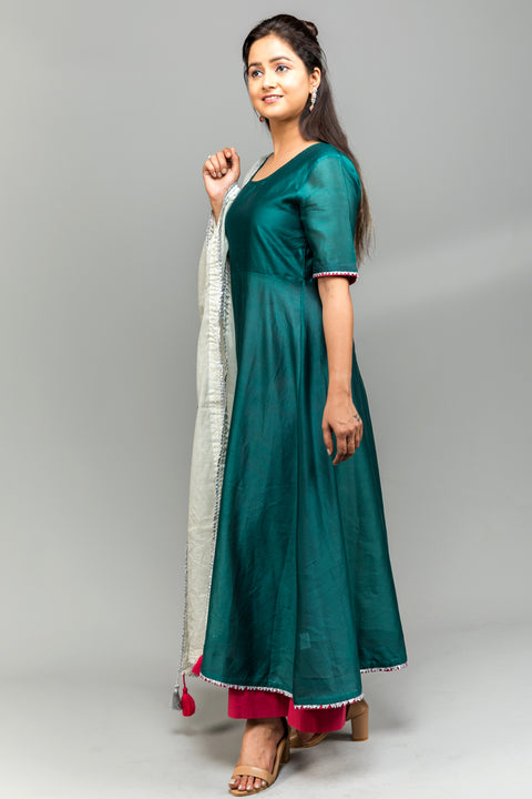 Buy Teal Chanderi Anarkali with Fuchsia Palazzo & Silver Tissue Dupatta - Set of 3 | Vinusto