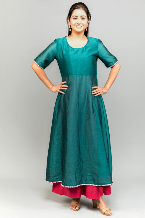 Shop Teal Chanderi Anarkali with Fuchsia Palazzo & Silver Tissue Dupatta - Set of 3 | Vinusto