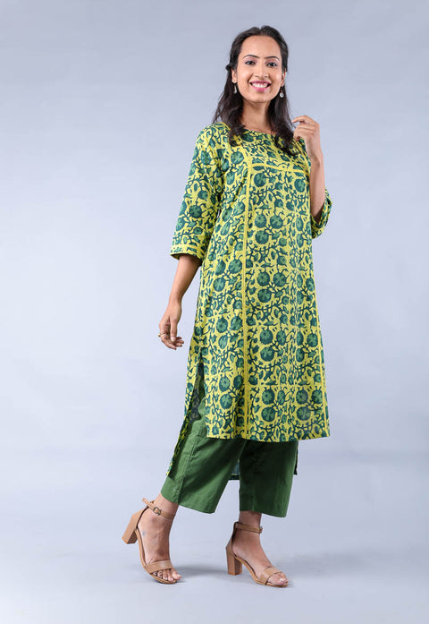 Cotton hand block print High & Low Kurta with pants in Yellow & Fern Green (Set of 2)