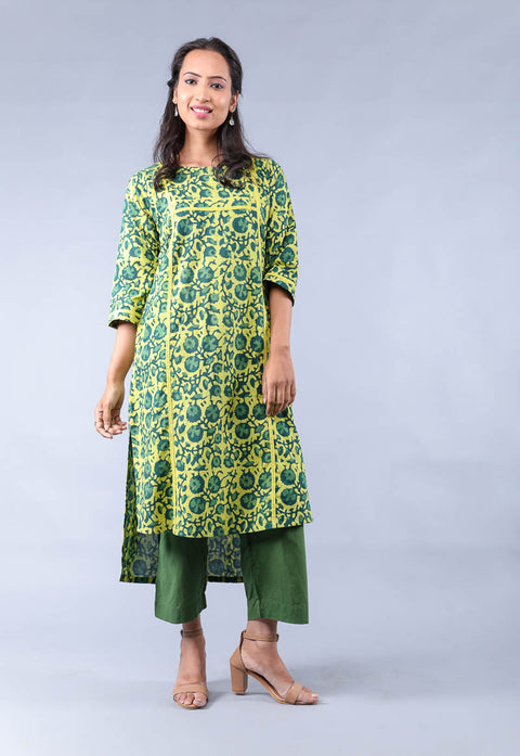 Cotton hand block print High & Low Kurta with pants in Yellow & Fern Green (Set of 2)