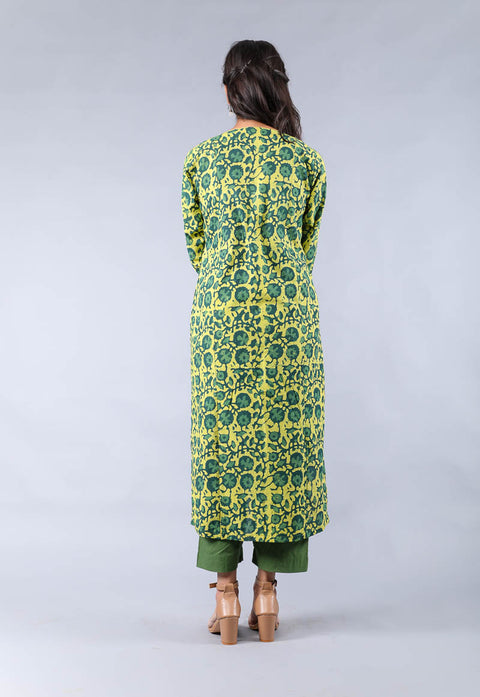 Cotton hand block print High & Low Kurta with pants in Yellow & Fern Green (Set of 2)