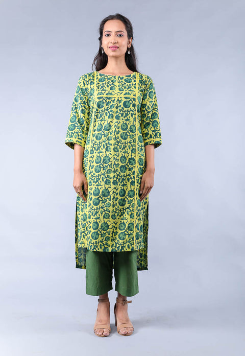 Cotton hand block print High & Low Kurta with pants in Yellow & Fern Green (Set of 2)