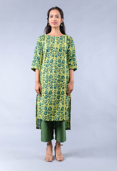 Luxury Cotton hand block print High & Low Kurta with pants in Yellow & Fern Green (Set of 2)