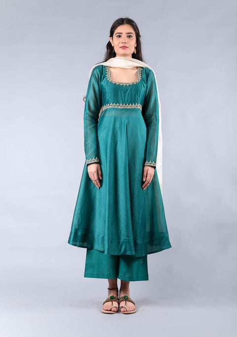 Embroidered Anarkali in Teal Chanderi, Ivory Chanderi Dupatta & Cotton Palazzo (Set of 3)