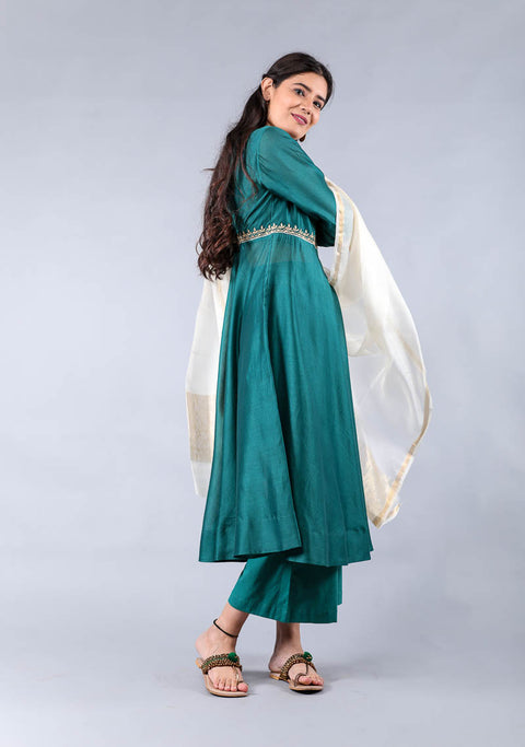 Handcraft Embroidered Anarkali in Teal Chanderi & Off-White Cotton Palazzo Set – Set of 3

