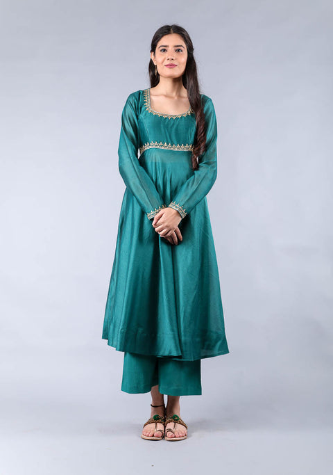 Buy Embroidered Anarkali in Teal Chanderi & Off-White Cotton Palazzo Set – Set of 3

