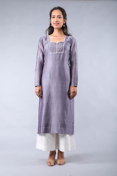 Buy Chanderi Kurta in Grape Purple & Off-White Palazzo Set – Set of 3


