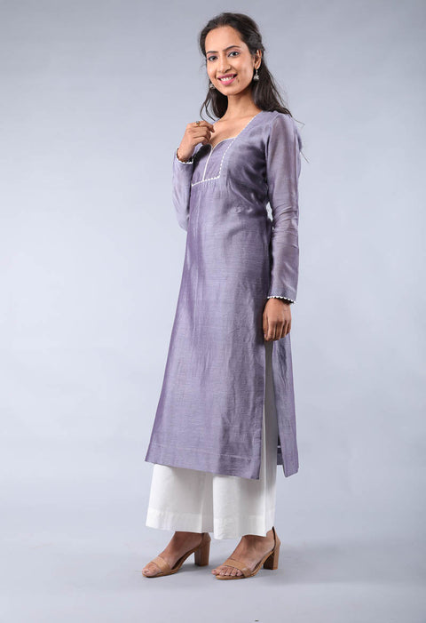 Luxury Chanderi Kurta in Grape Purple & Off-White Palazzo Set – Set of 3

