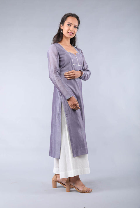 Premium Chanderi Kurta in Grape Purple & Off-White Palazzo Set – Set of 3

